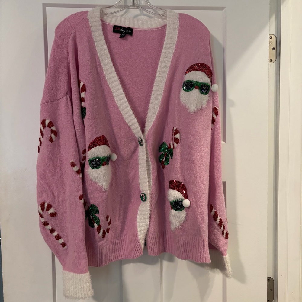 NWOT 33 Degrees Pink Santa Candy Cane Holiday Cardigan Sweater